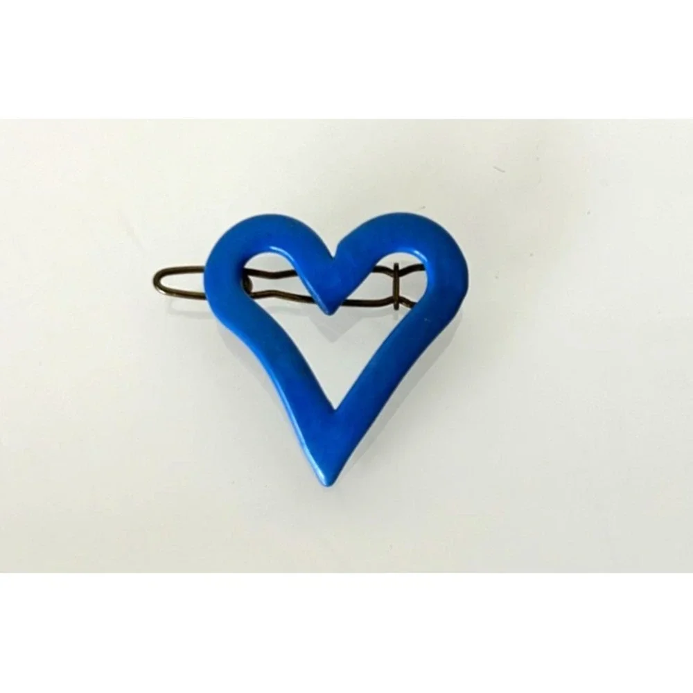 Vintage France Blue Heart Hair Clip 1970s Plastic Cutout Retro Barrette Signed
